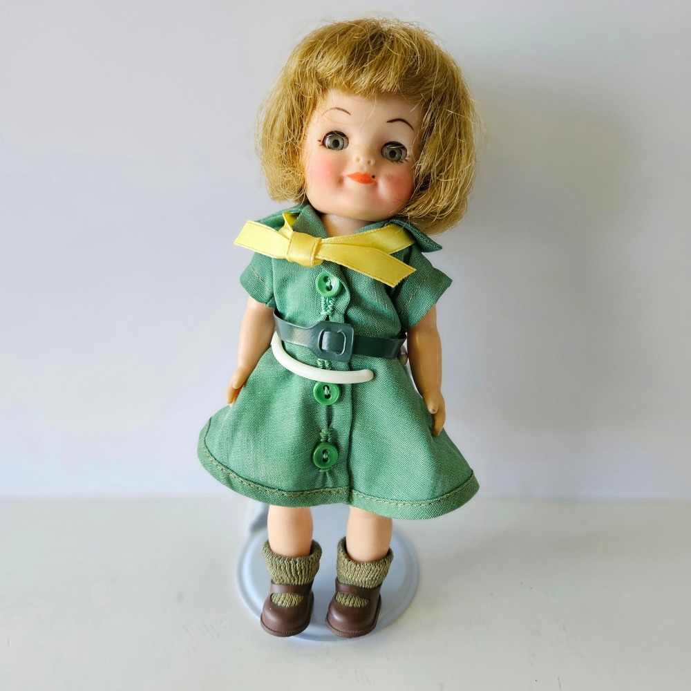 Vtg Effanbee Fluffy Girl Scout Doll - 8in with Stand 1965 Sleepy Eyes - No Hat